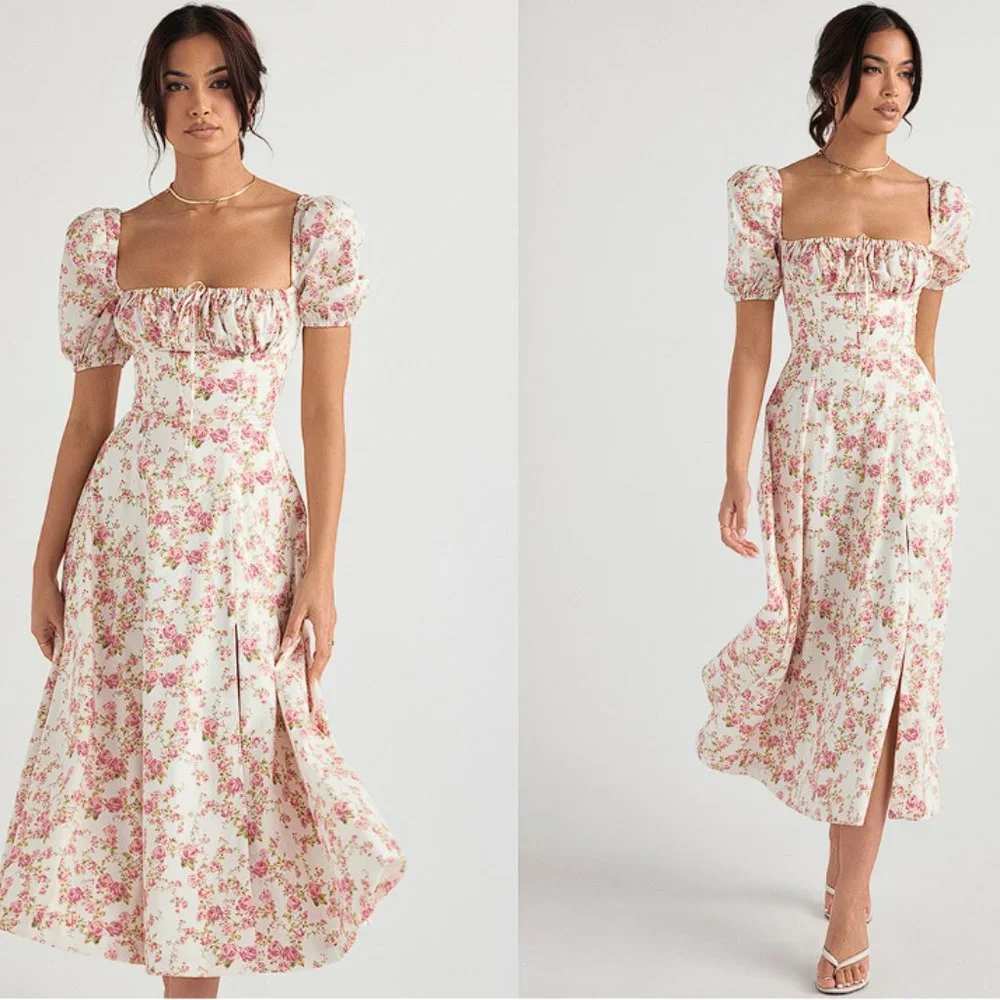 HOUSE OF CB 'Tallulah' Rose Print Puff Sleeve Midi Sundress NWOT - Picture 1 of 5